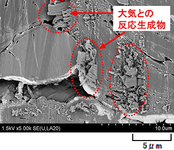 従来法による加工観察結果・大気と反応し、副生成物が析出する