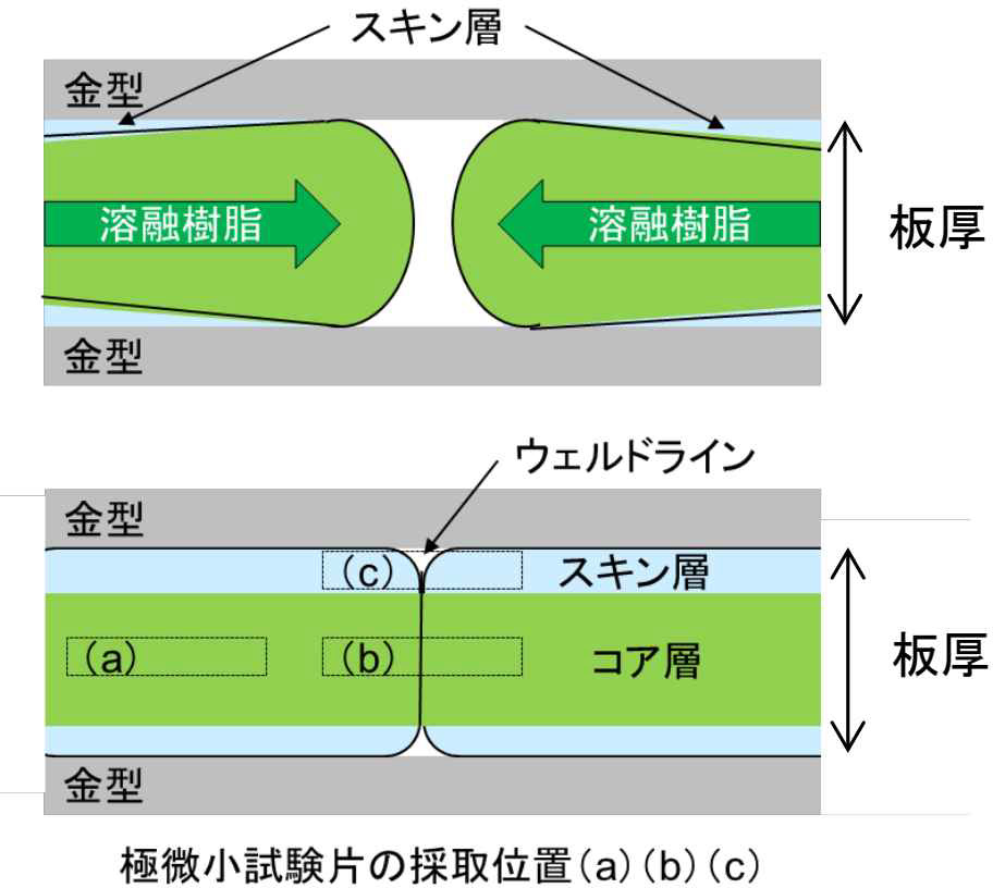 ウェルドラインのスキン層、コア層形成原理と極微小試験片採取位置