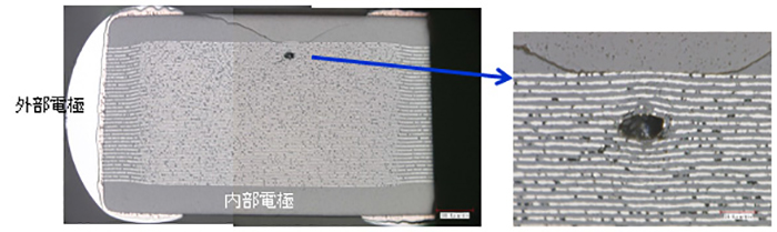 チップコンデンサ断面の光学顕微鏡像（ショートによりクラックが発生）