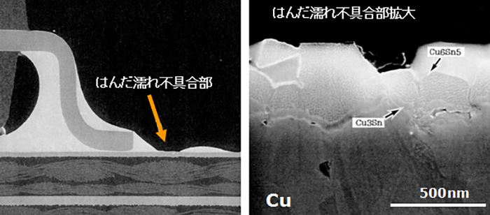 はんだ濡れ不具合部断面のSEM像