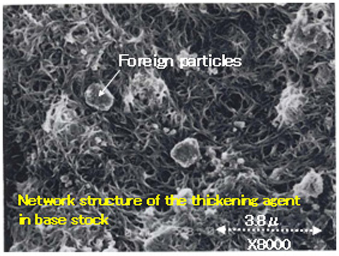 Photo: SEM/EDX image of the thickening agent in degraded grease