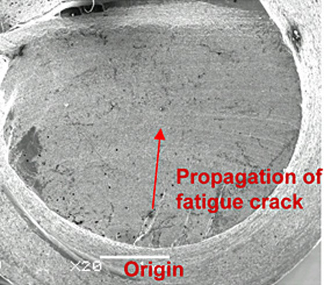 Electron microscope photograph of fracture surface of damaged screw