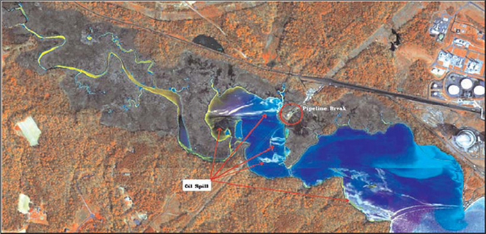 Oil leaks detected on the surface of a lake