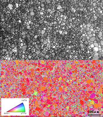 Crystal orientation map after high-temperature compression test (EBSP analysis)