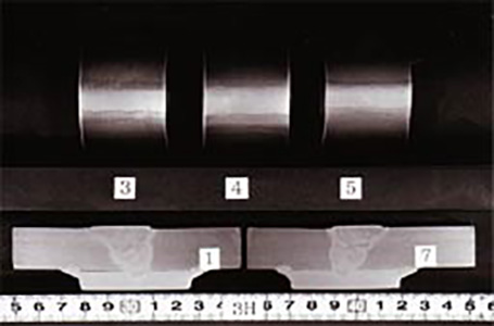 Test pieces for supplementary test of building steel frame welding skills and scene at witnessed test