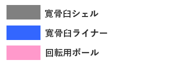 凡例 グレー：寛骨臼シェル/ブルー：寛骨臼ライナー/ピンク：回転様ボール