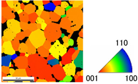 (e) 結晶粒内角度分布像（Crystal Direction）：（001）から0°～90°範囲で解析