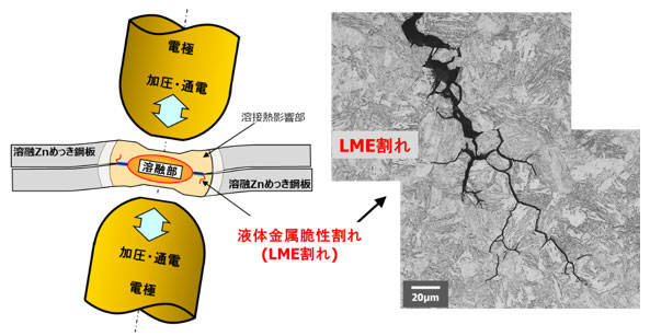 抵抗スポット溶接部に発生したLME割れ図
