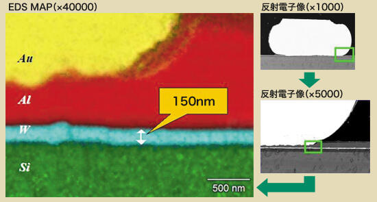 図 半導体ワイヤーボンディング部における各元素のEDSスペクトラルマッピング（測定条件：加速電圧4kV、倍率40000倍、測定時間30分）