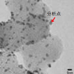 写真 カーボンにPt微粒子が保持された燃料電池用触媒のTEM像（わずかに暗い部分がPt微粒子）