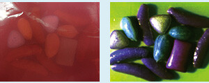 図2 樹脂製袋内の食品混合サンプルのデジタルカメラ画像（左）とImSpector ®を使ってイメージング分光した疑似カラー画像（右）