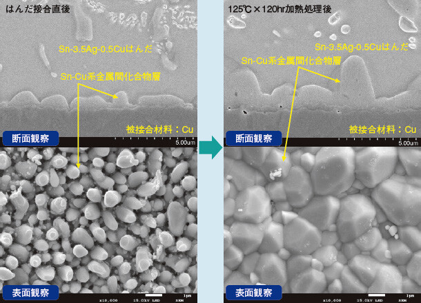 写真2 はんだ接合部界面に生成する金属間化合物層のSEM（Scanning Electron Microscopy）観察