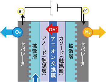 アニオン交換膜を用いた水電解セルの模式図